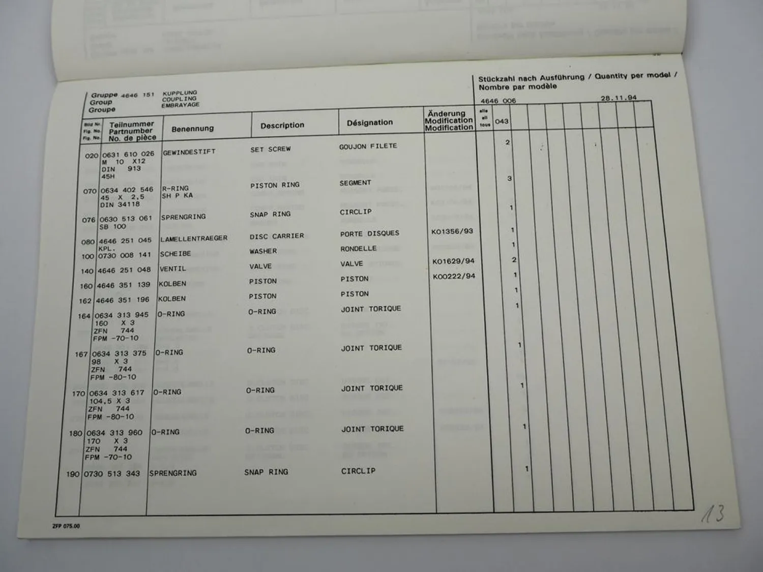 Original ZF 6 WG-250 Wandlergetriebe Hauptstückliste Faun 11/1994