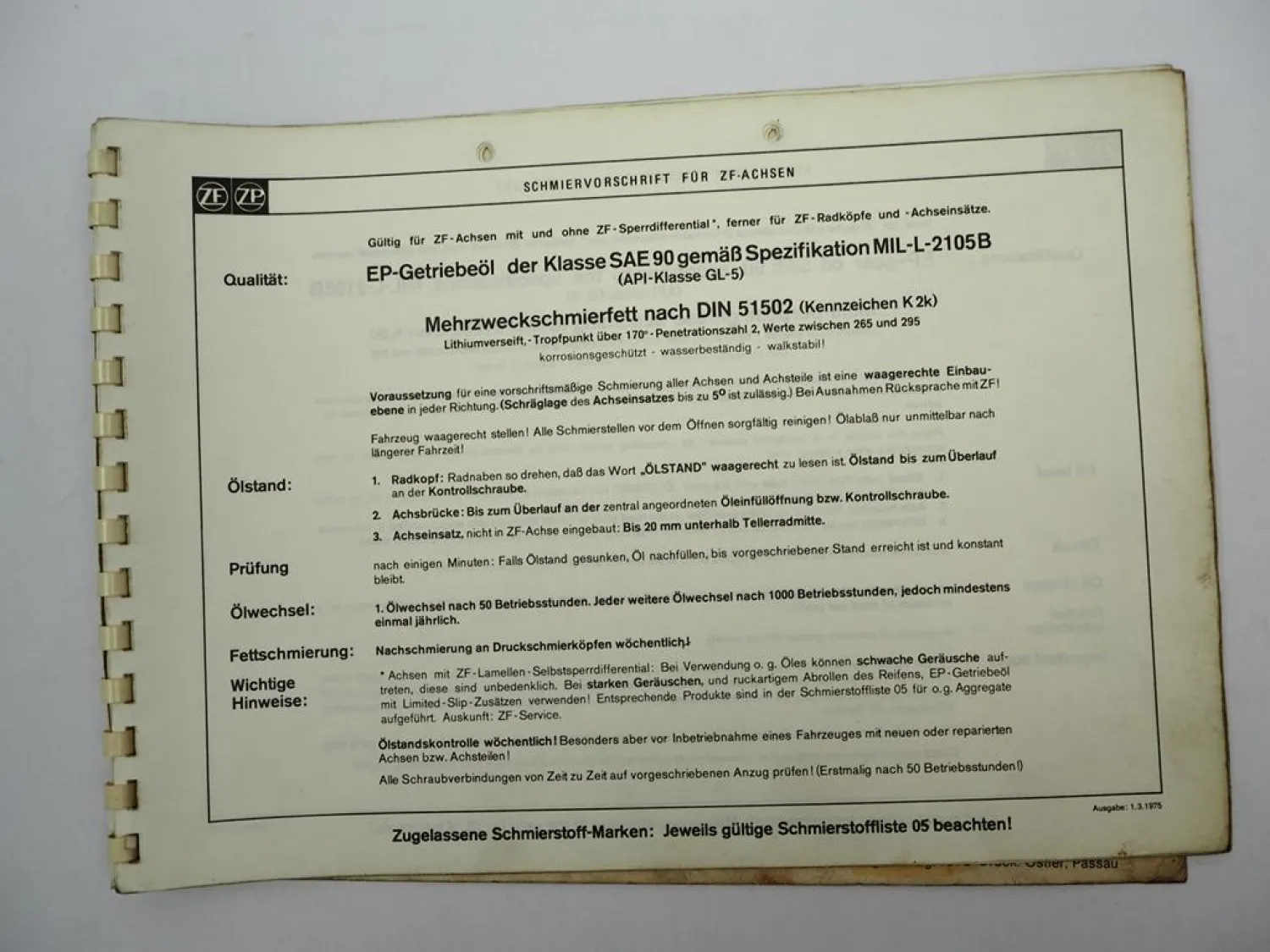 Original ZF Achseinsatz DST Ersatzteilliste Kässbohrer Spare Parts List 08/1976