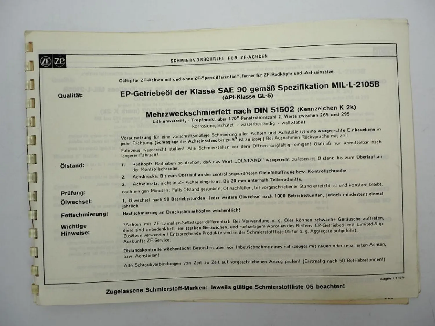 Original ZF Achseinsatz HST Ersatzteilliste Kässbohrer Spare Parts List 04/1985