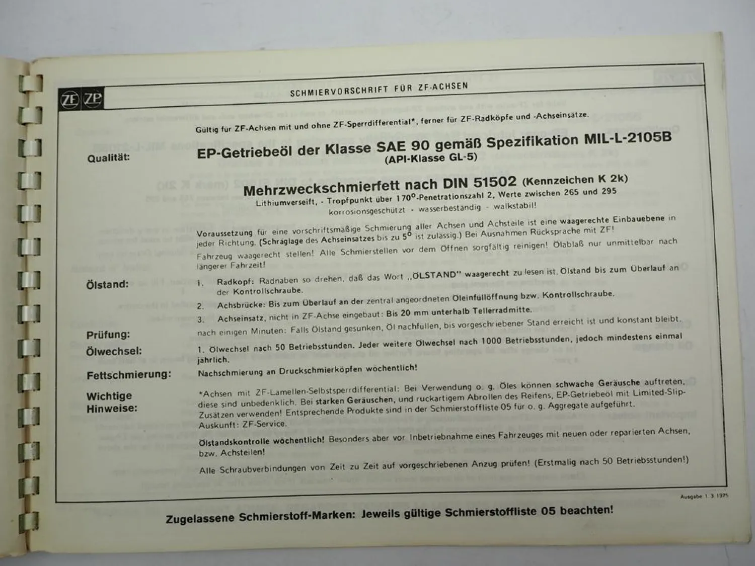 Original ZF Achseinsatz L Ersatzteilliste Sennebogen Spare Parts List 10/1981