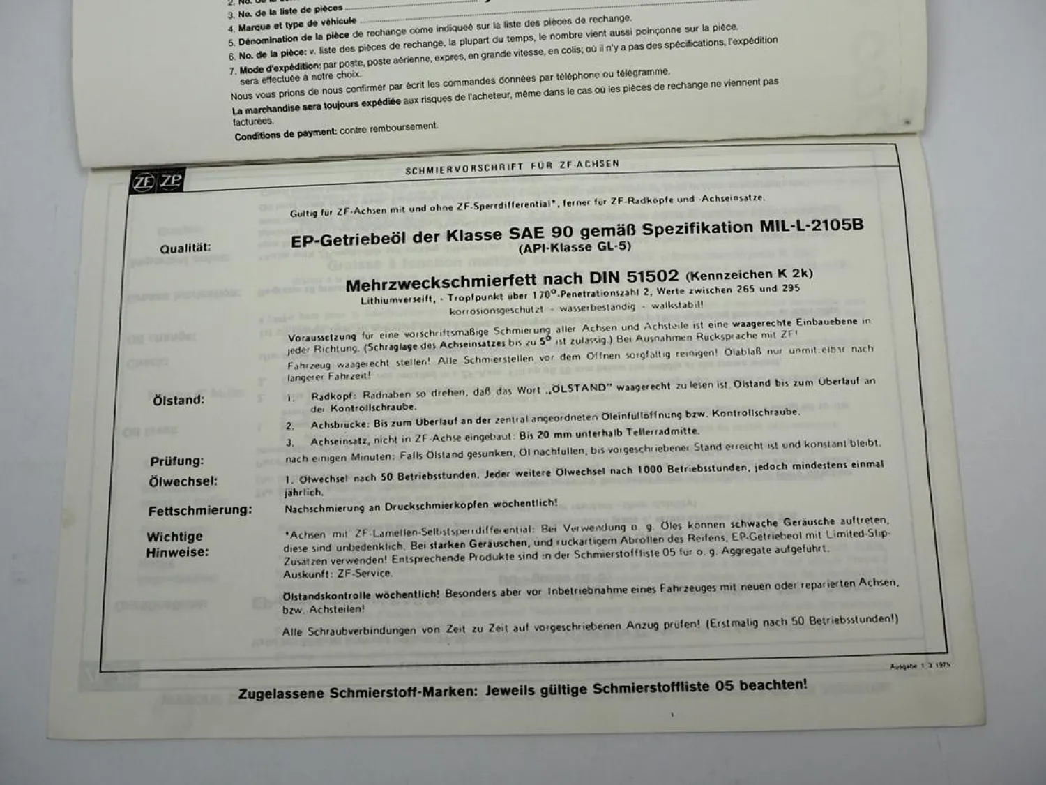Original ZF Achseinsatz R 9 Ersatzteilliste Kässbohrer Spare Parts List 05/1990