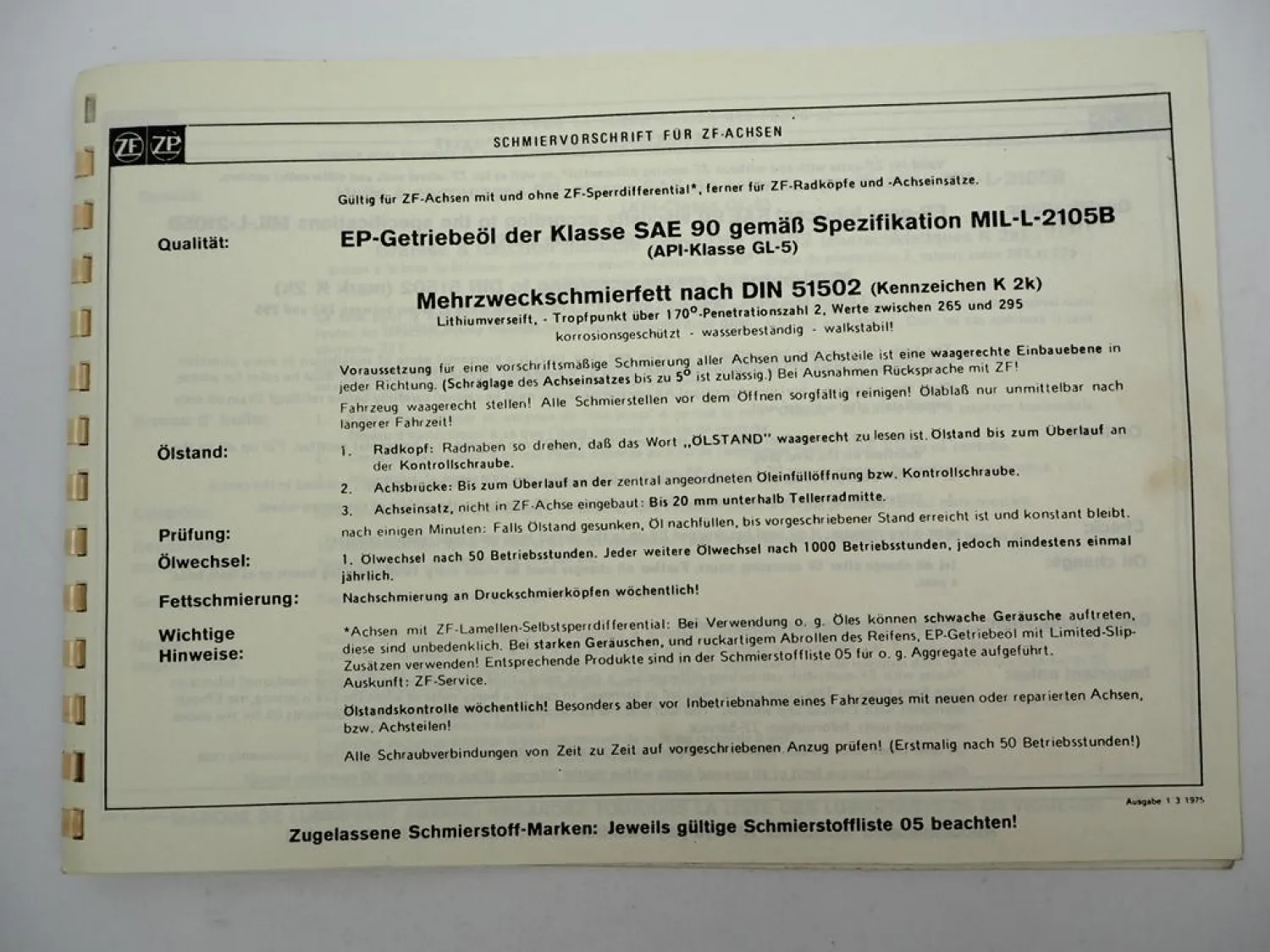 Original ZF Achseinsatz S Ersatzteilliste Kässbohrer Spare Parts List 04/1984