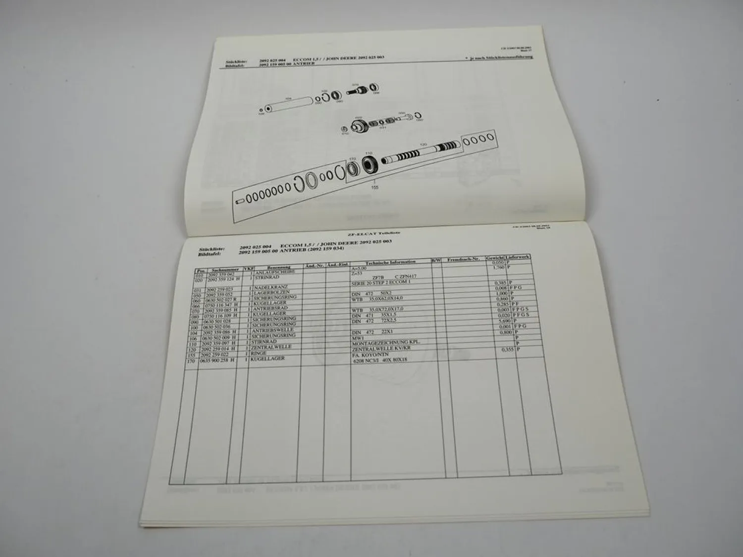 Original ZF ECCOM 1,5 Getriebe Ersatzteilliste John Deere Technische Daten 8/03