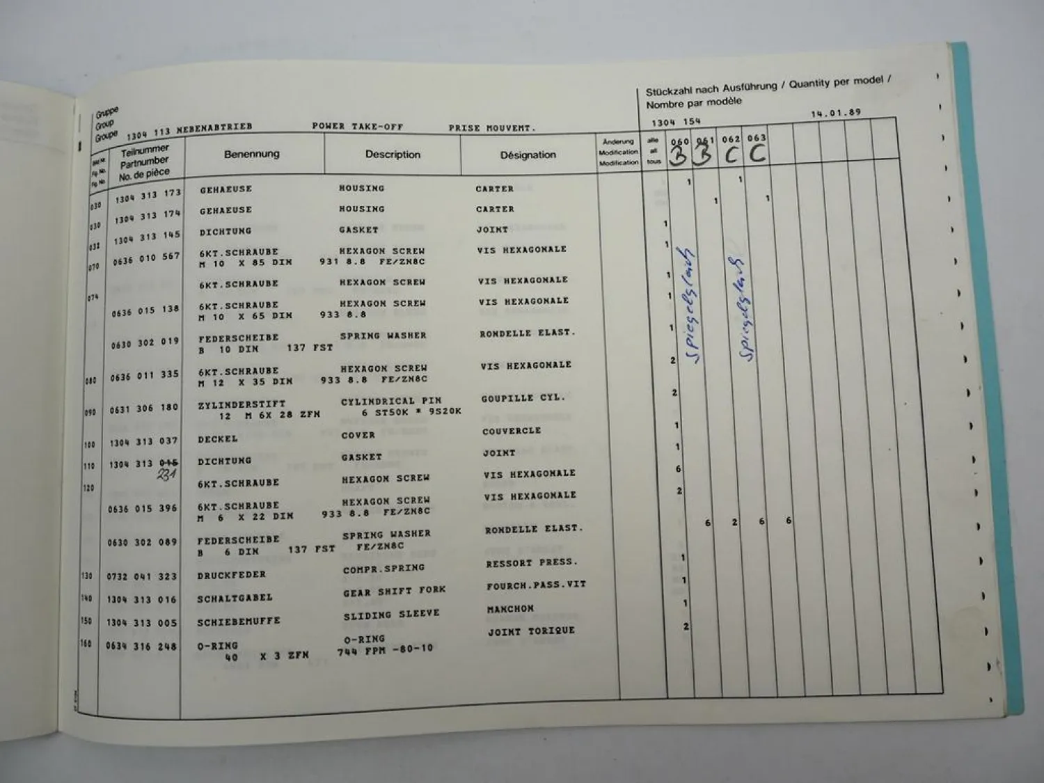 Original ZF N 109/10 Nebenabtrieb Ersatzteilliste MAN Spare Parts List 01/1989