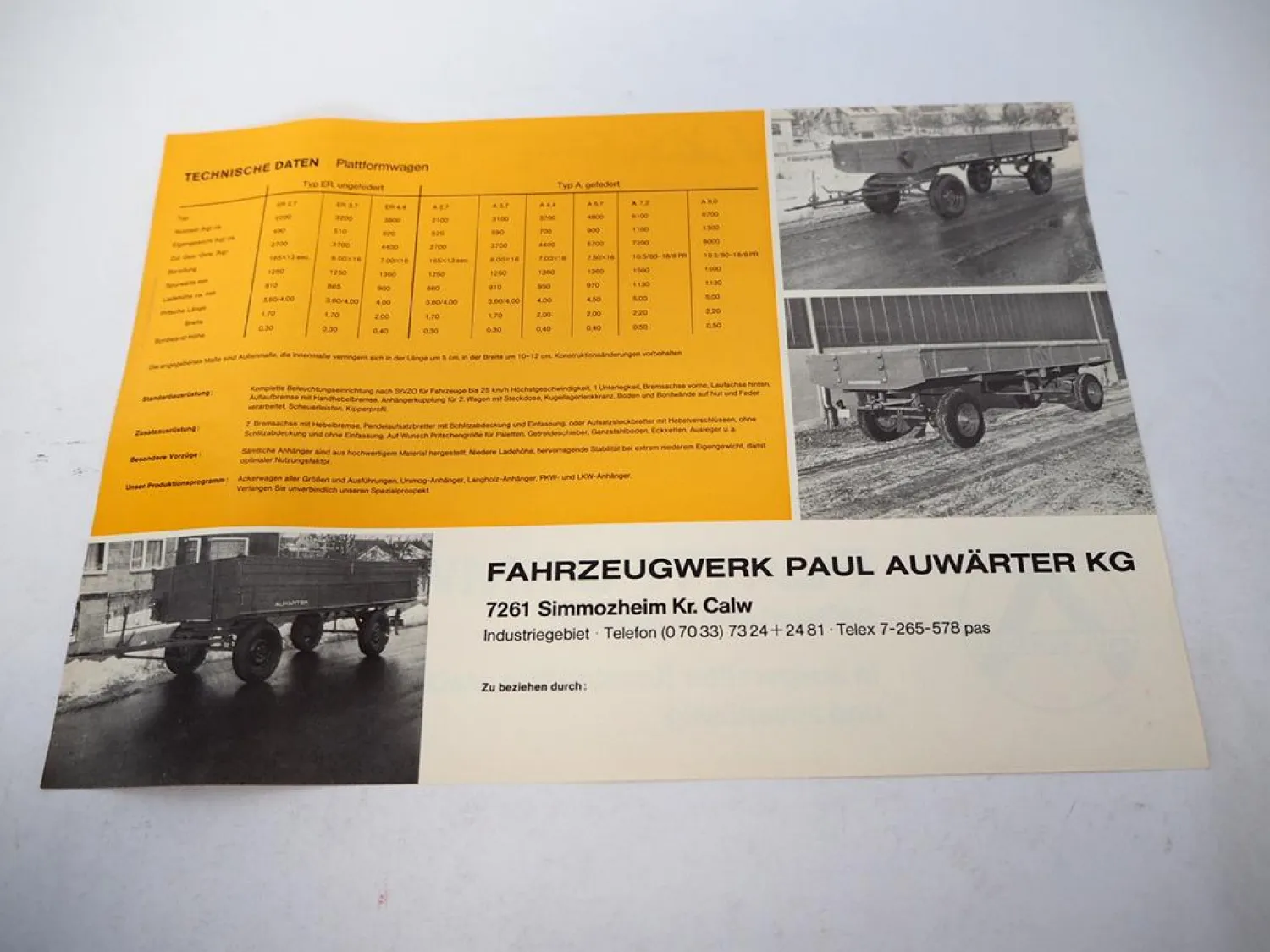 Originaler Prospekt Auwärter Plattformwagen Typ A & ER mit 2 Seiten ca. 1960er J