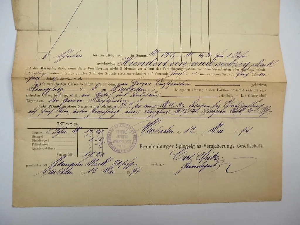 Palast Hotel Wiesbaden Kranzplatz 5 6x Versicherung Police 1894 - 1927