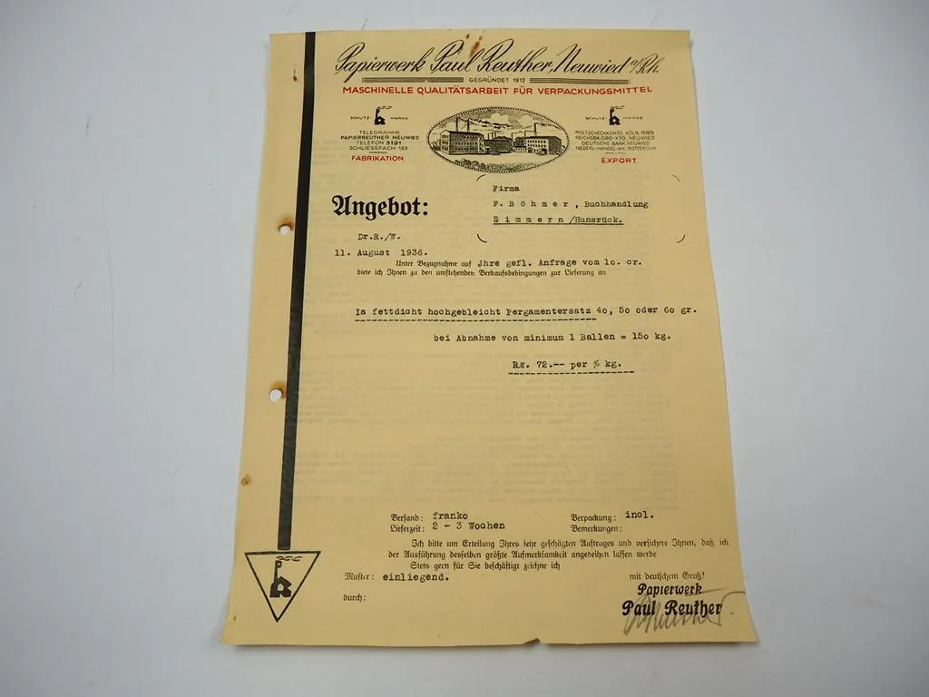Papierwerk Paul Reuther Neuwied Rhein Firmenbrief Angebot Aug. 1936
