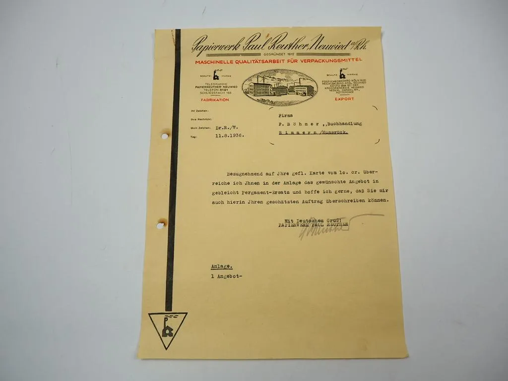 Papierwerk Paul Reuther Neuwied Rhein Firmenbrief Aug. 1936
