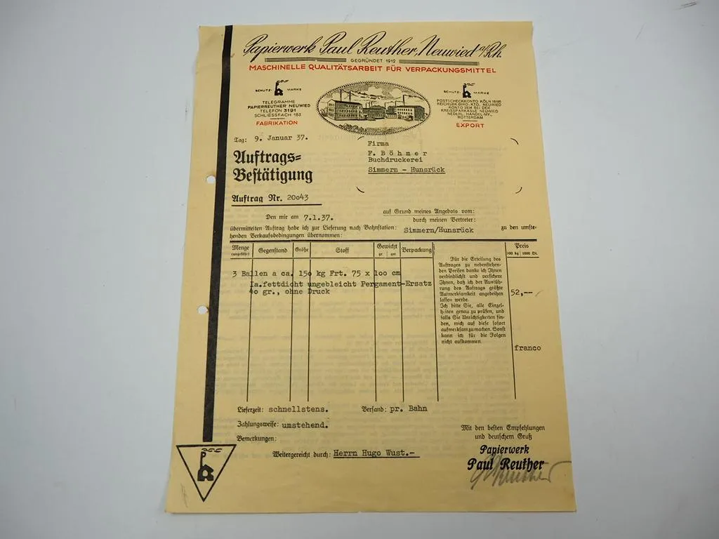 Papierwerk Paul Reuther Neuwied Rhein Rechnung Auftragsbestätigung 1937