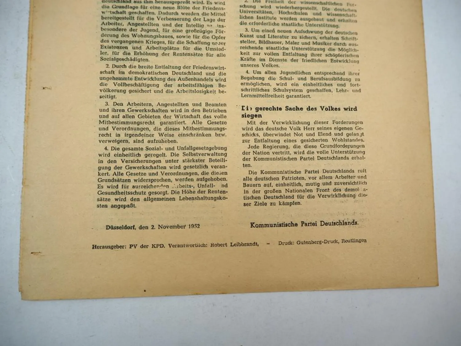 Partei Programm zur Wiedervereinigung Deutschlands KPD Kommunisten 1952