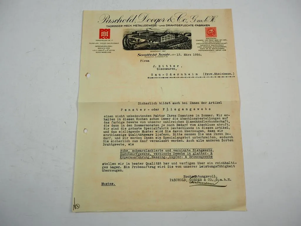 Paschold Doeger Thüringer Metallgewebe Fabriken Saalfeld Saale Firmenbrief 1930