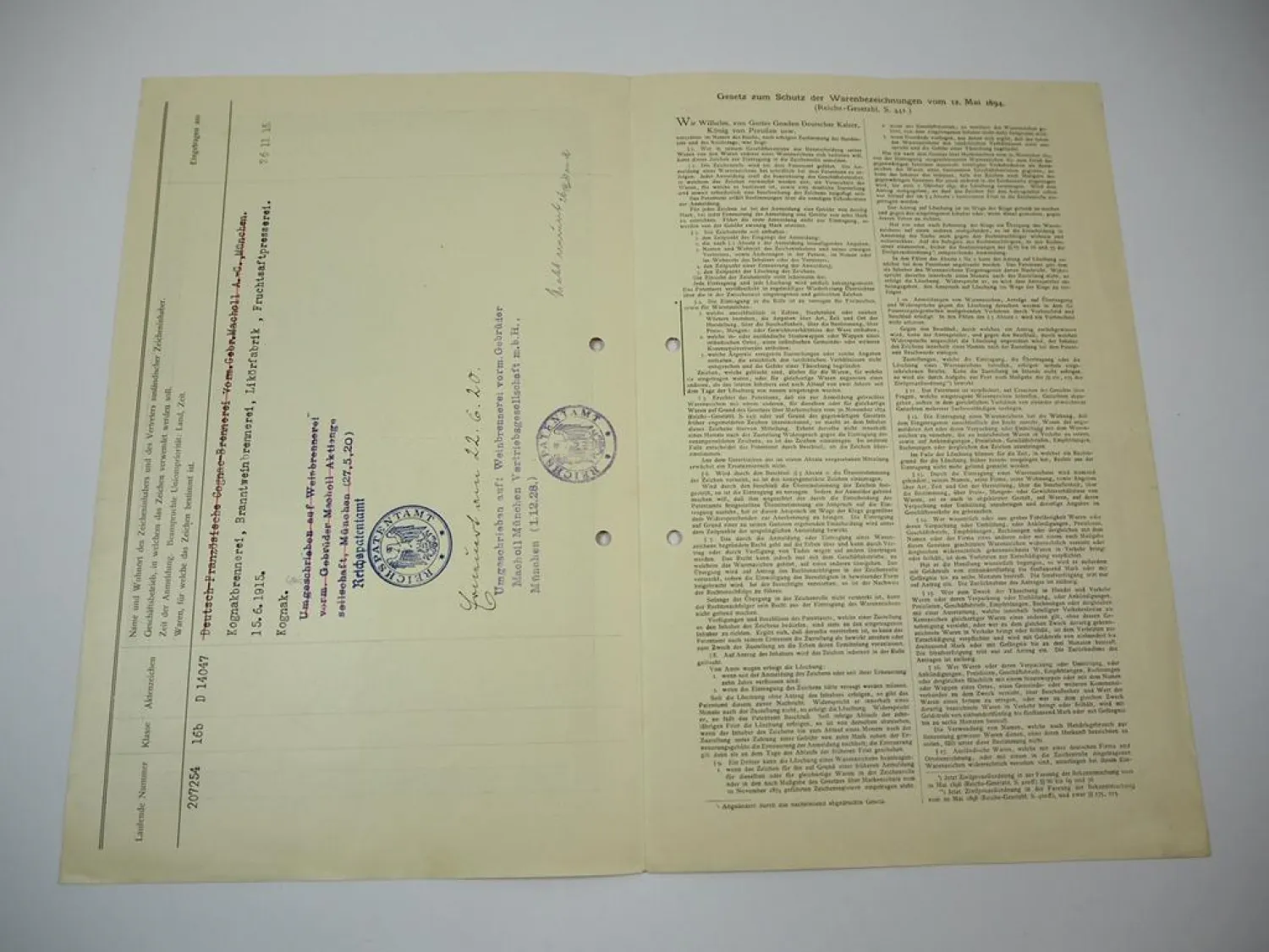 Patent Urkunde Macholl Cognac München Kaiserliches Patentamt 1915/20