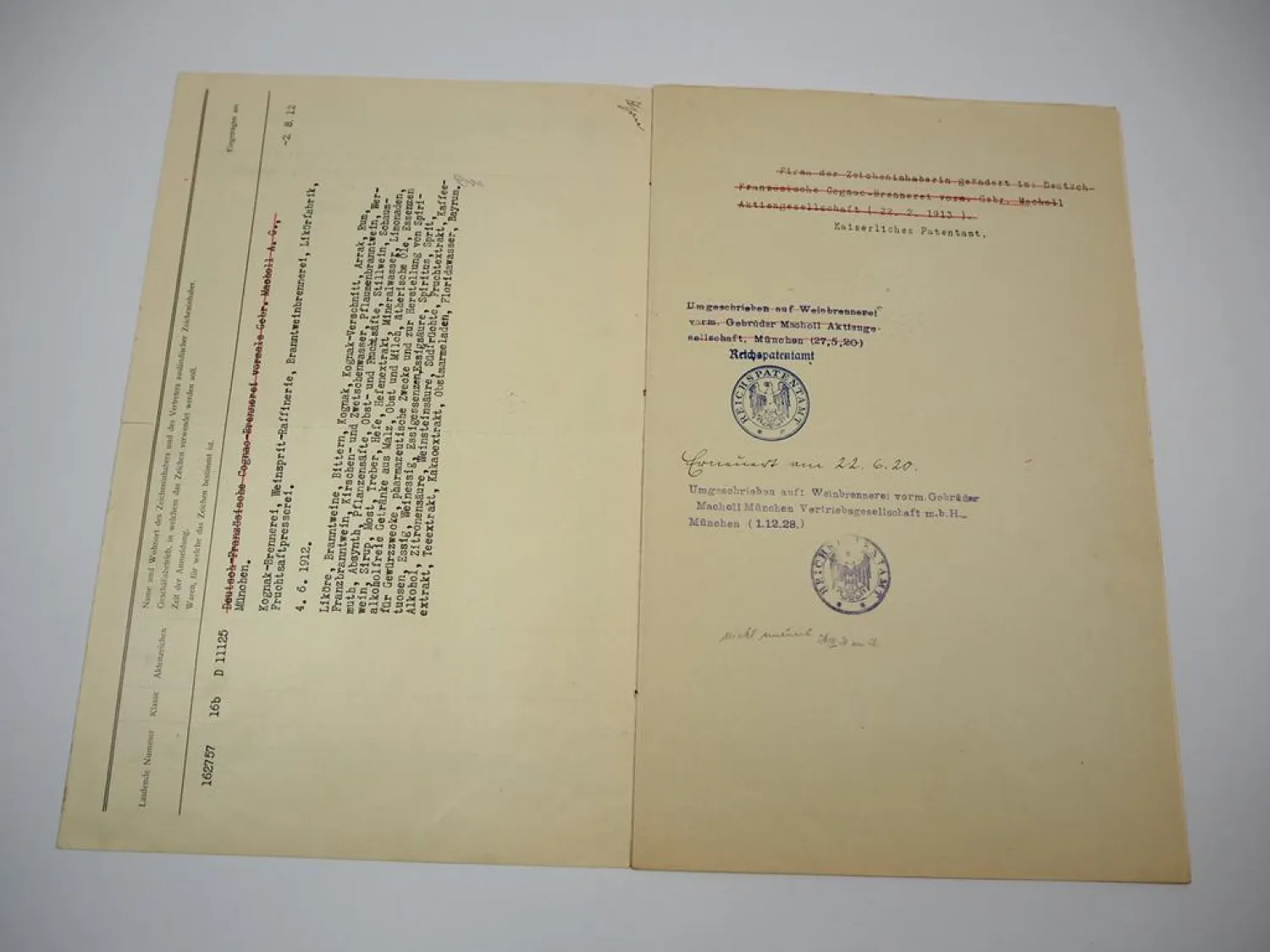 Patent Urkunde Macholl Cognac München Reichspatentamt 1912/1920