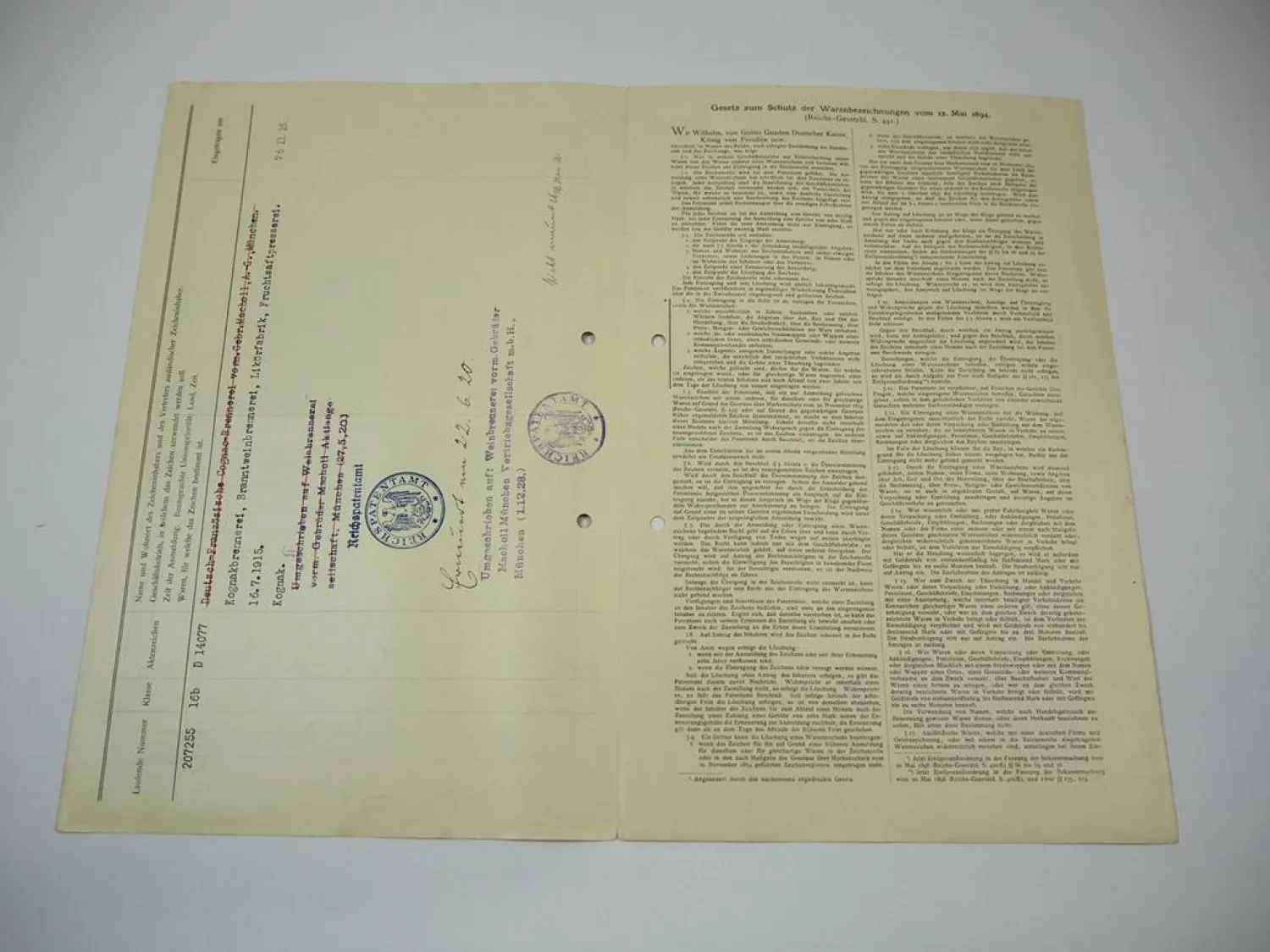 Patent Urkunde Macholl Cognac München Reichspatentamt 1915/20