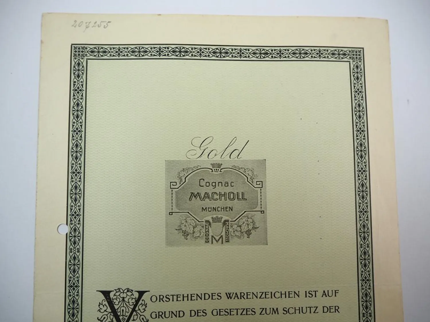 Patent Urkunde Macholl Cognac München Reichspatentamt 1915/20