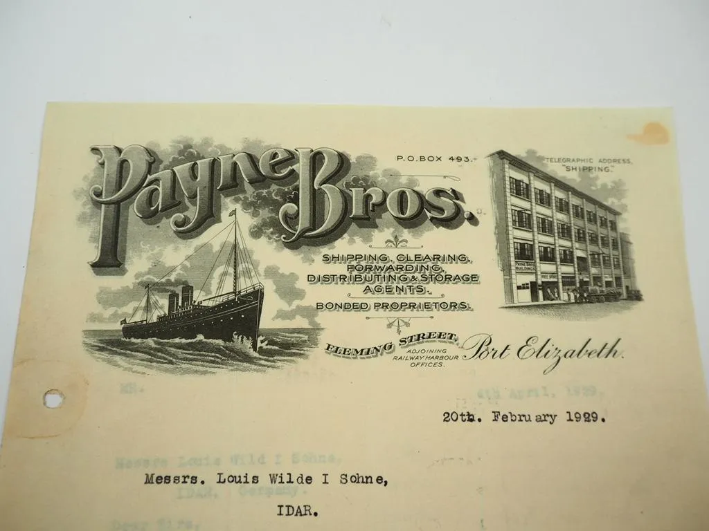 Payne Bros Port Elizabeth Südafrika an Goldschmied Wild in Idar Oberstein 1929