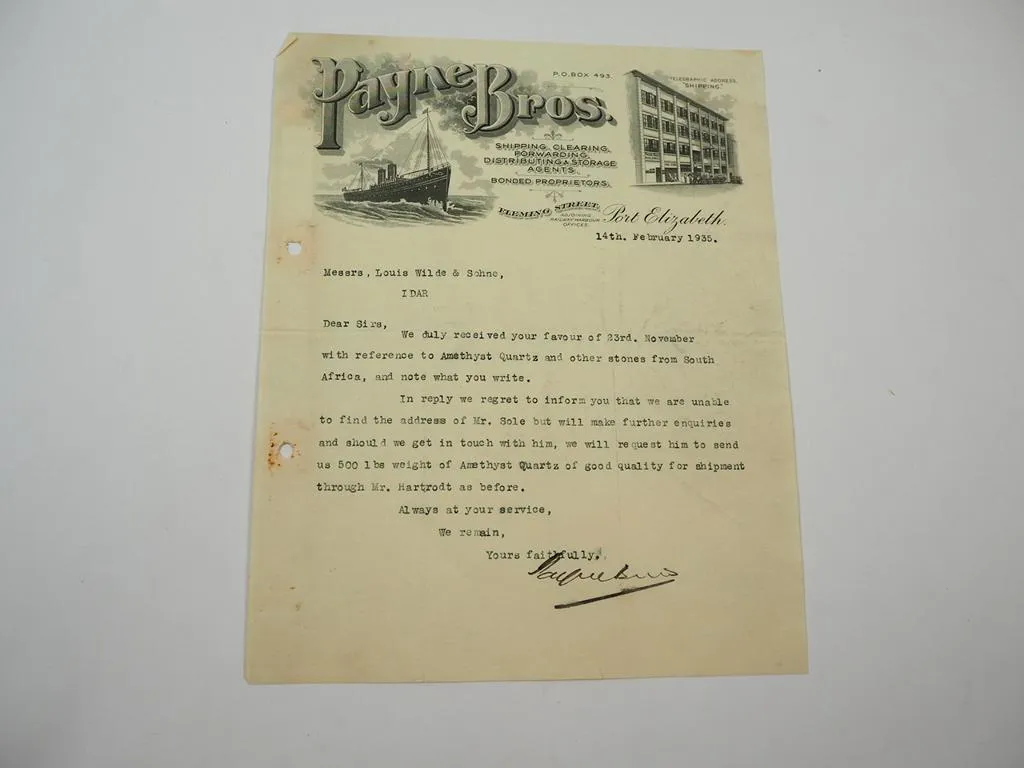 Payne Bros Port Elizabeth Südafrika an Goldschmied Wild in Idar Oberstein 1935