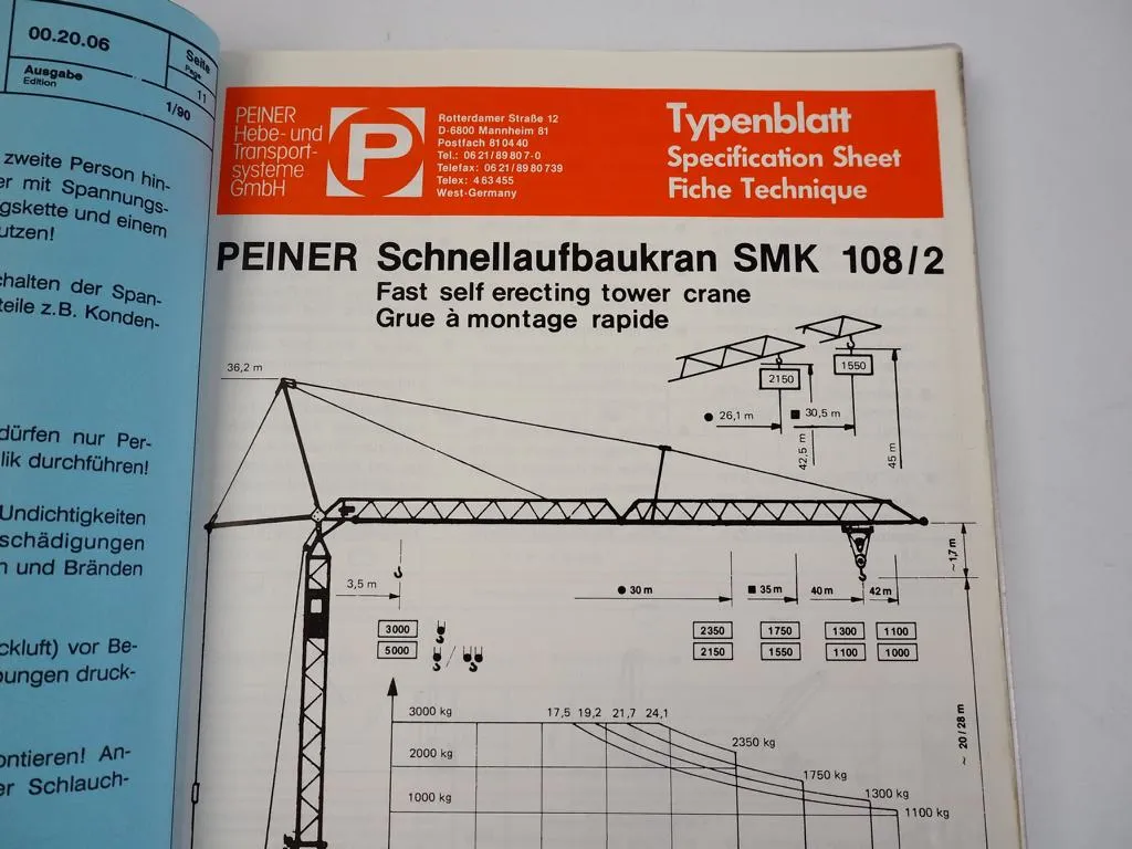 Peiner SMK 108/2 Turmdrehkran Users Manual Ersatzteilkatalog Spare Parts 1991