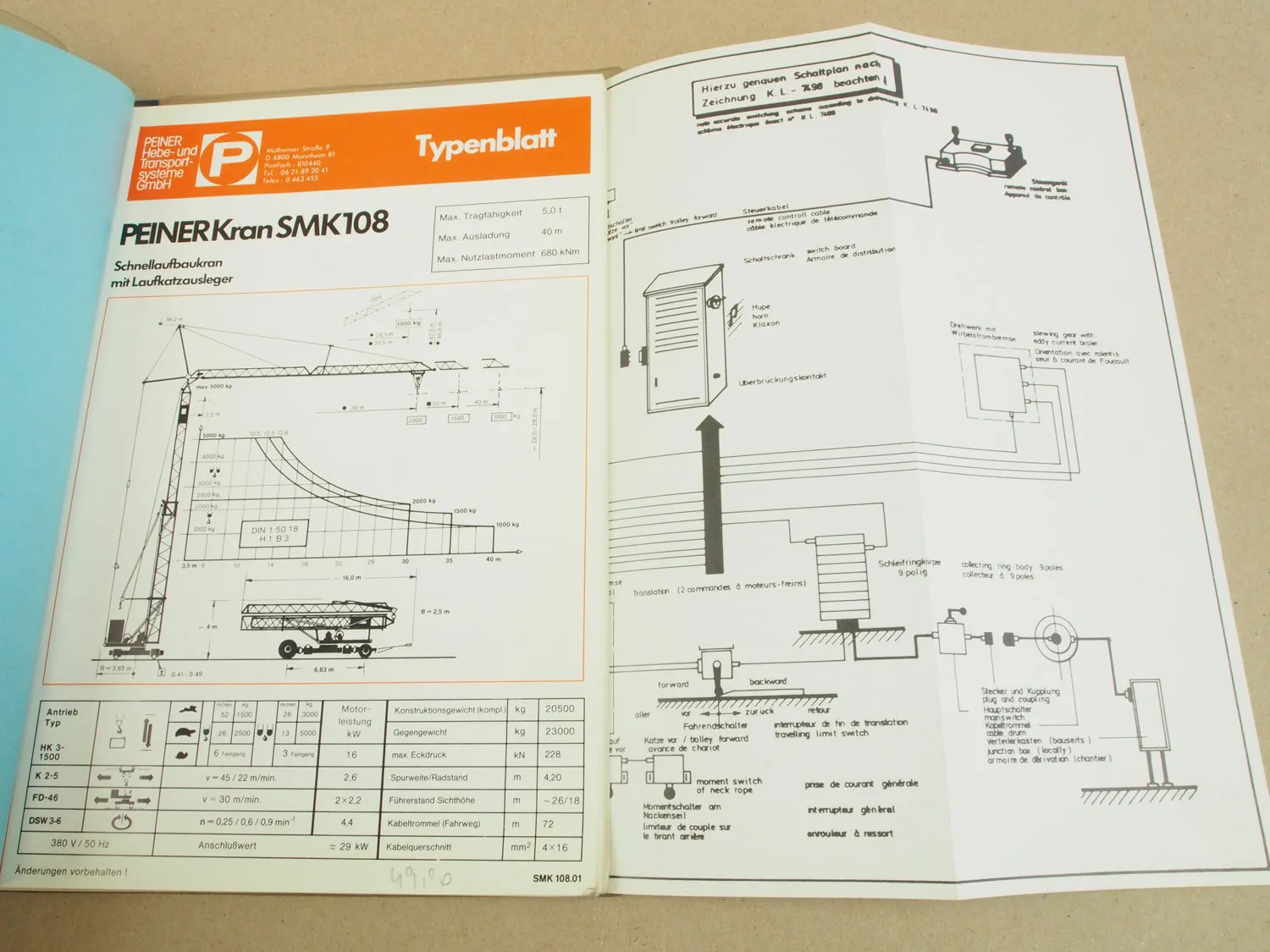 Peiner SMK 108 Turmdrehkran Betriebsanleitung Typenblatt 1980