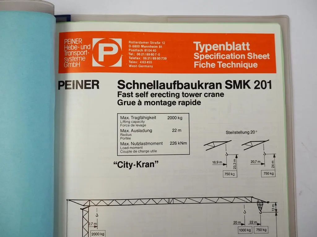 Peiner SMK 201 Turmdrehkran Betriebsanleitung 1989