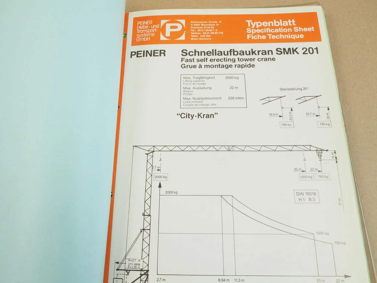 Peiner SMK 201 Turmdrehkran Betriebsanleitung Ersatzteilkatalog Typenblatt 1990