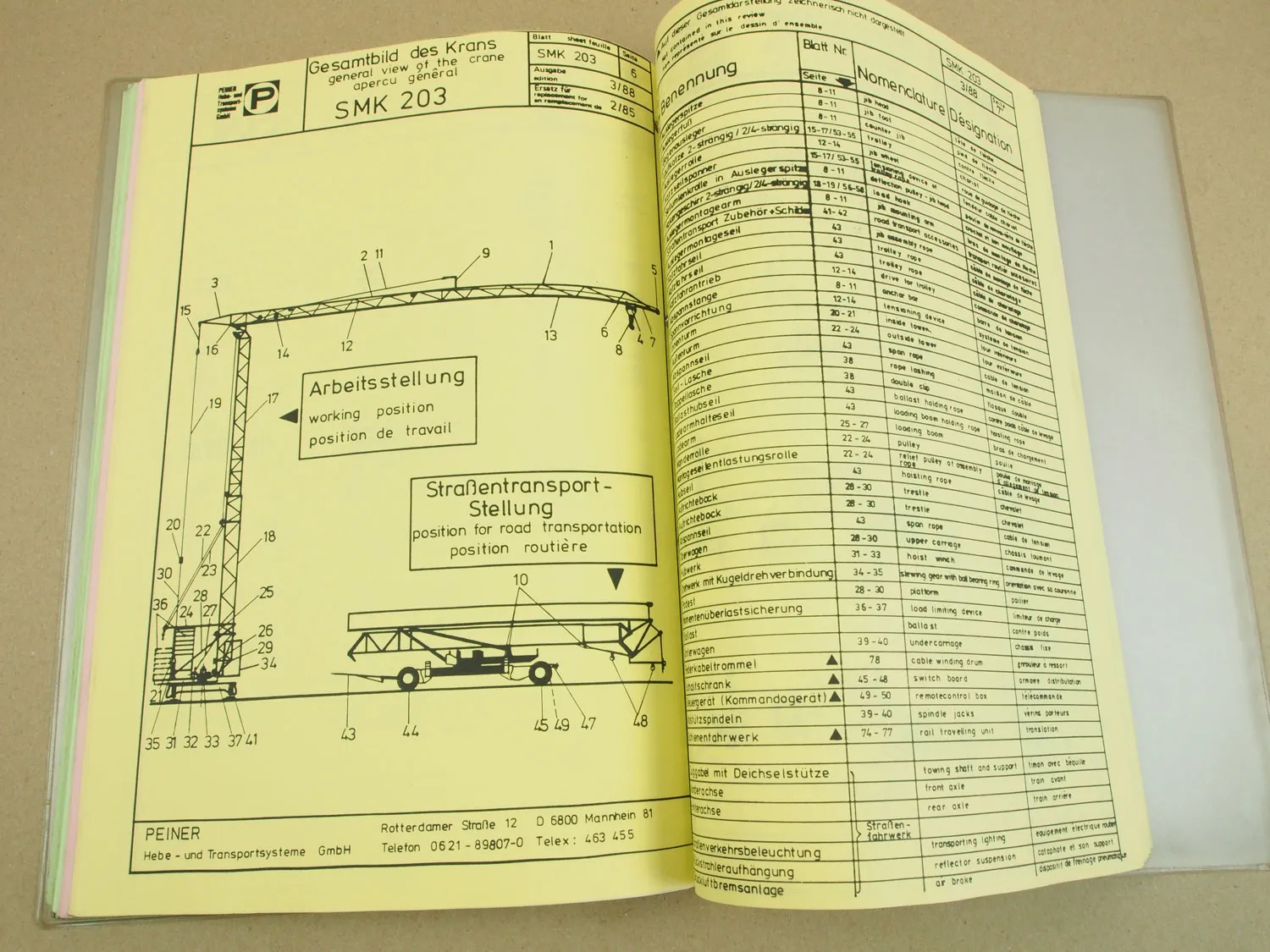 Peiner SMK 203 Turmdrehkran Betriebsanleitung Ersatzteilliste 1991