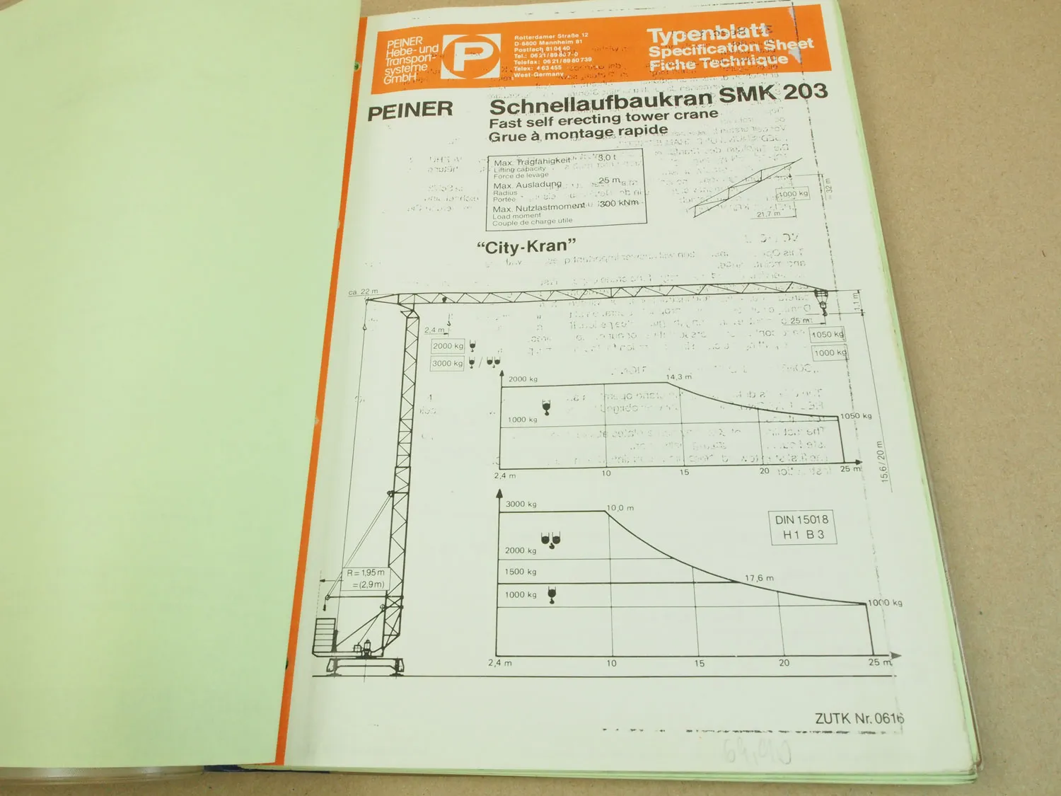Peiner SMK 203 Turmdrehkran Betriebsanleitung Ersatzteilliste 1991