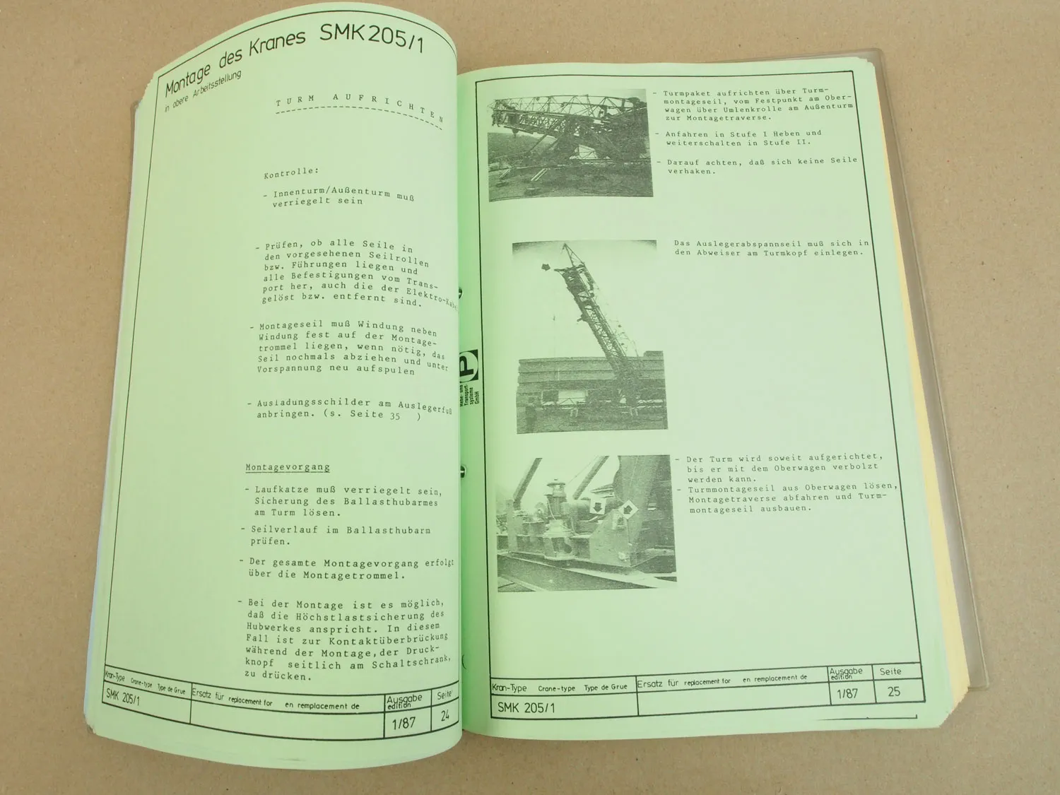 Peiner SMK 205/1 Turmdrehkran Betriebsanweisung Ersatzteilkatalog 1992