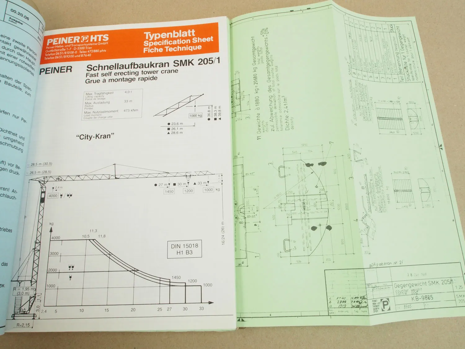 Peiner SMK 205/1 Turmdrehkran Betriebsanweisung Ersatzteilkatalog 1993