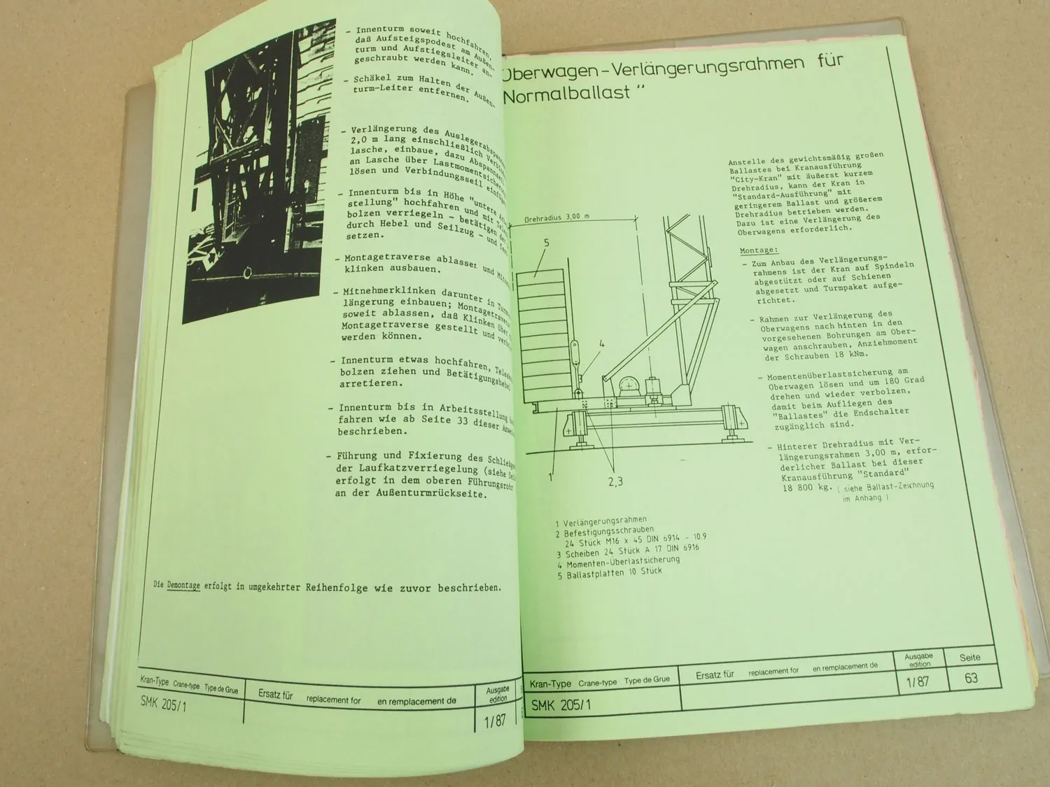 Peiner SMK 205/1 Turmdrehkran Betriebsanweisung Ersatzteilliste Schaltplan 1991