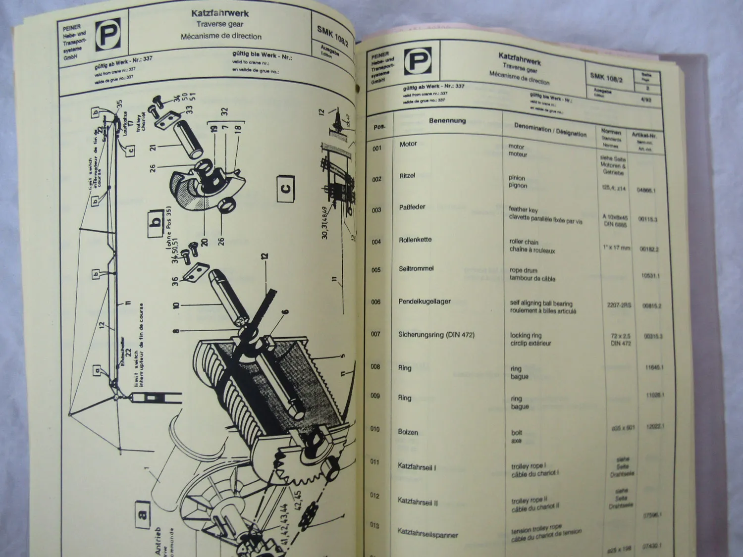 Peiner SMK108/2 Turmdrehkran Bedienungsanleitung Ersatzteilliste 1992