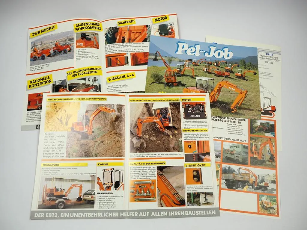 Pel-Job EB 10 bis 68 Kompaktbagger Minibagger ED Kipper 5x Prospekt 1980/90er J.