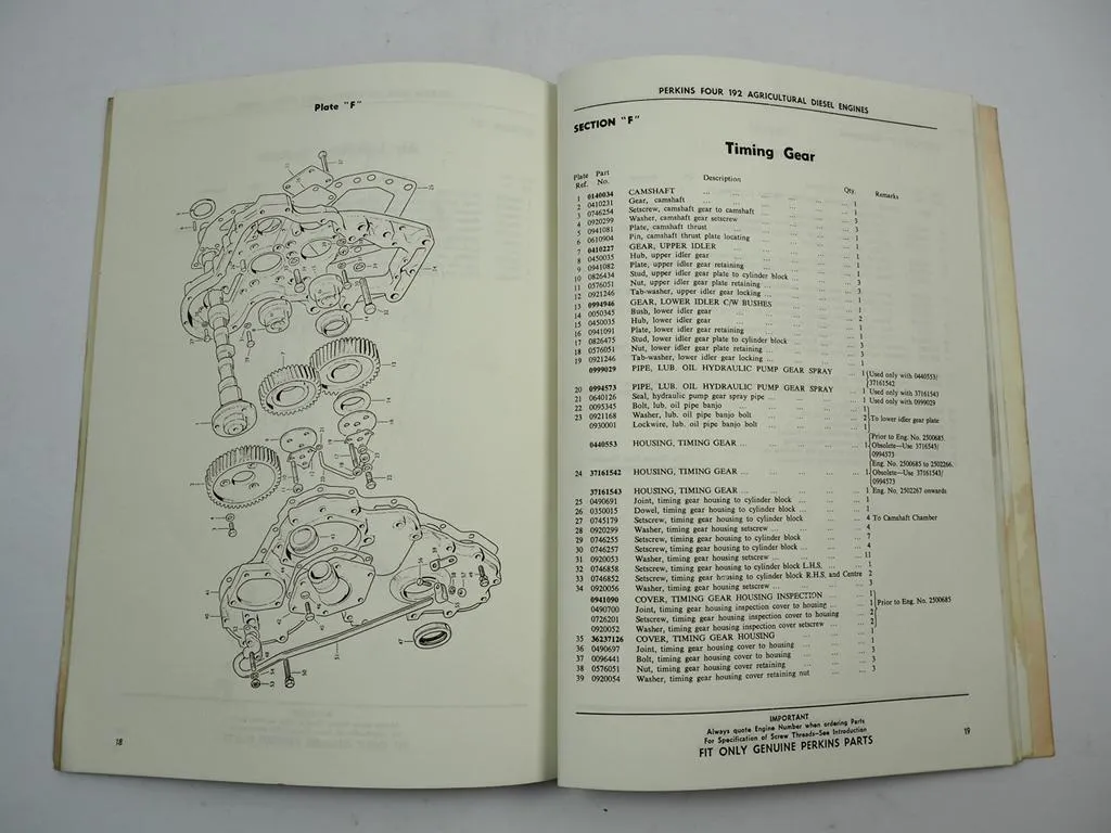 Perkins 4.192 A Engine Dieselmotor Ersatzteilliste Spare Parts Book 1961