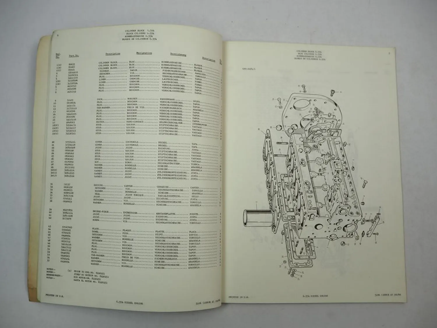 Perkins 6.354 Diesel Motor Ersatzteilliste für Claas Matador Mähdrescher 1966