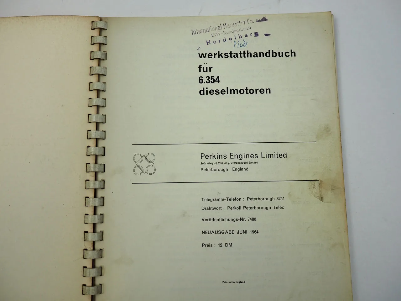 Perkins 6.354 Dieselmotor Werkstatthandbuch Reparaturhandbuch 1964