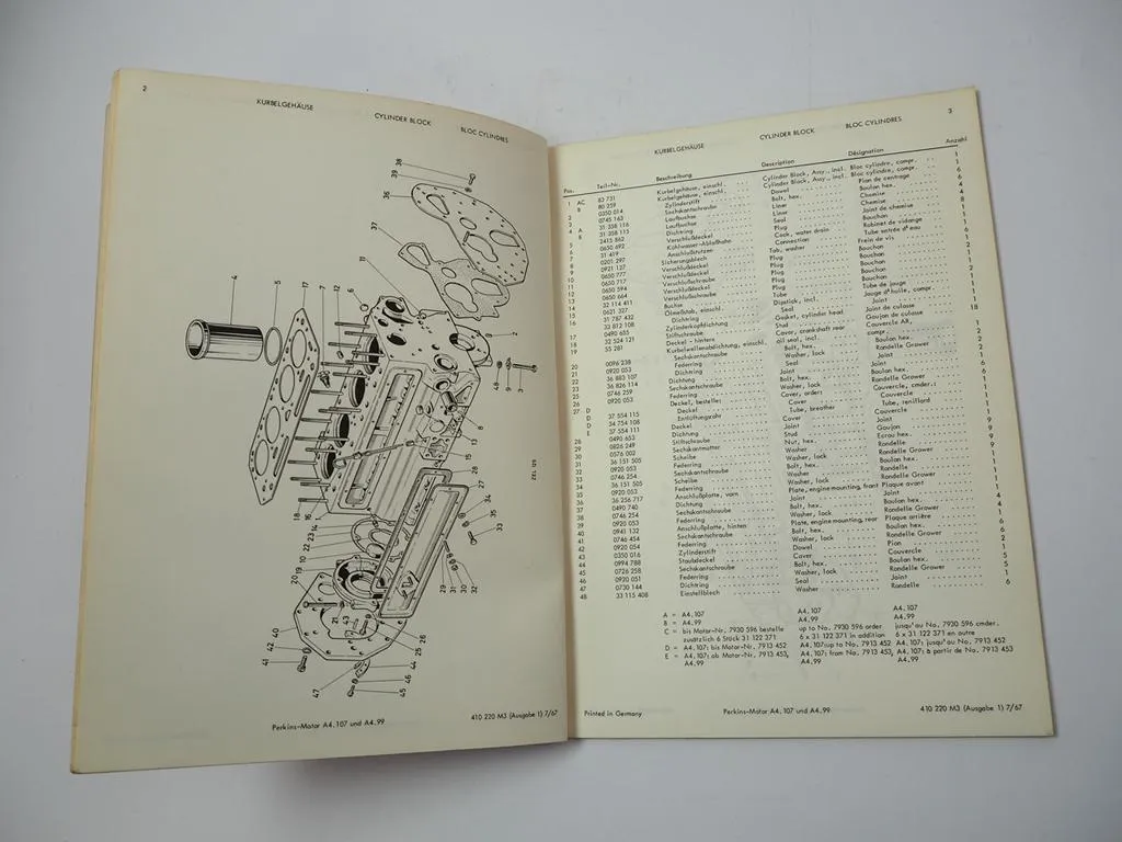Perkins A4.107 A4.99 Motor Ersatzteilliste für Massey Ferguson MF 31 86 630S