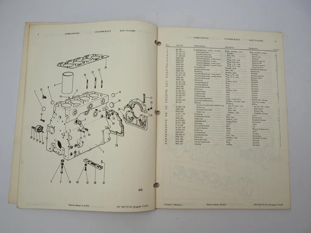 Perkins A4.212 Motor für Massey Ferguson MF186 Mähdrescher Ersatzteilliste 1969