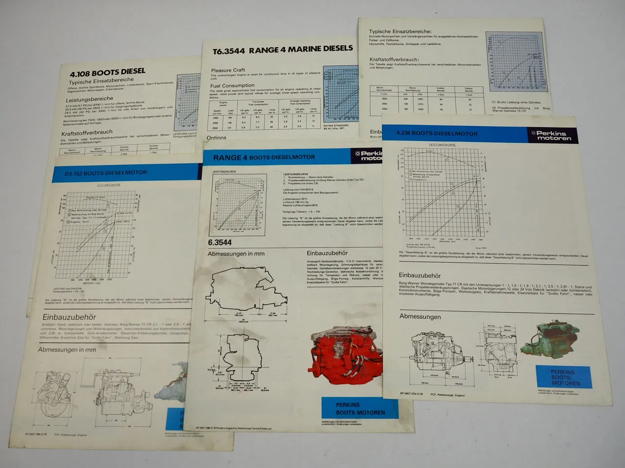 Perkins Bootsmotoren 6x Prospekt mit technischen Daten 1970/80er Jahre