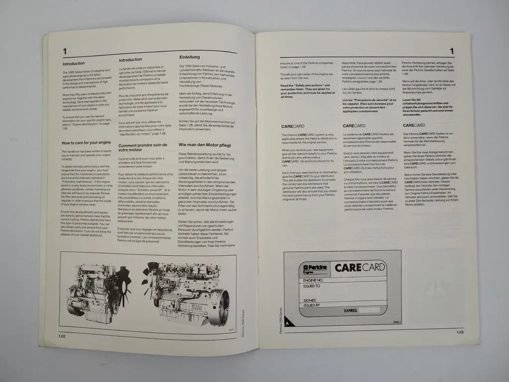 Perkins Motoren 1000 Serie 4 u. 6 Zylinder Betriebsanleitung Users Handbook 1991