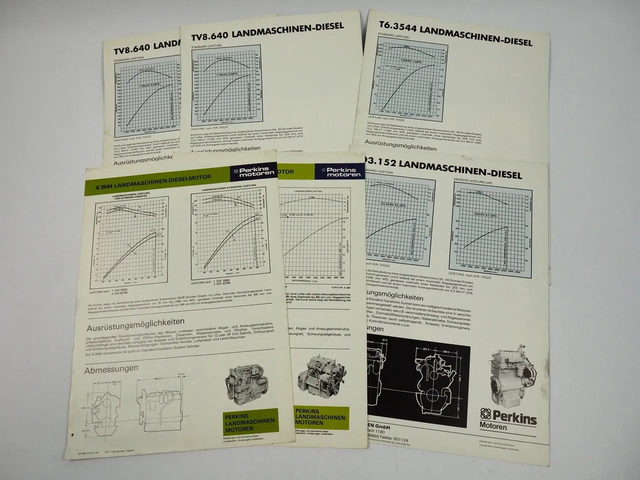 Perkins Motoren Landmaschinen 6x Prospekt mit technischen Daten 1970/80er Jahre