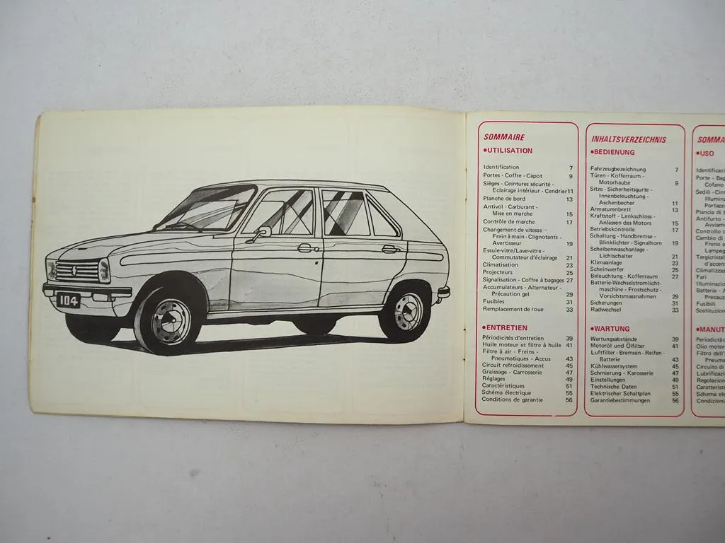 Peugeot 104 A01 PKW Betriebsanleitung Bedienungsanleitung 1973