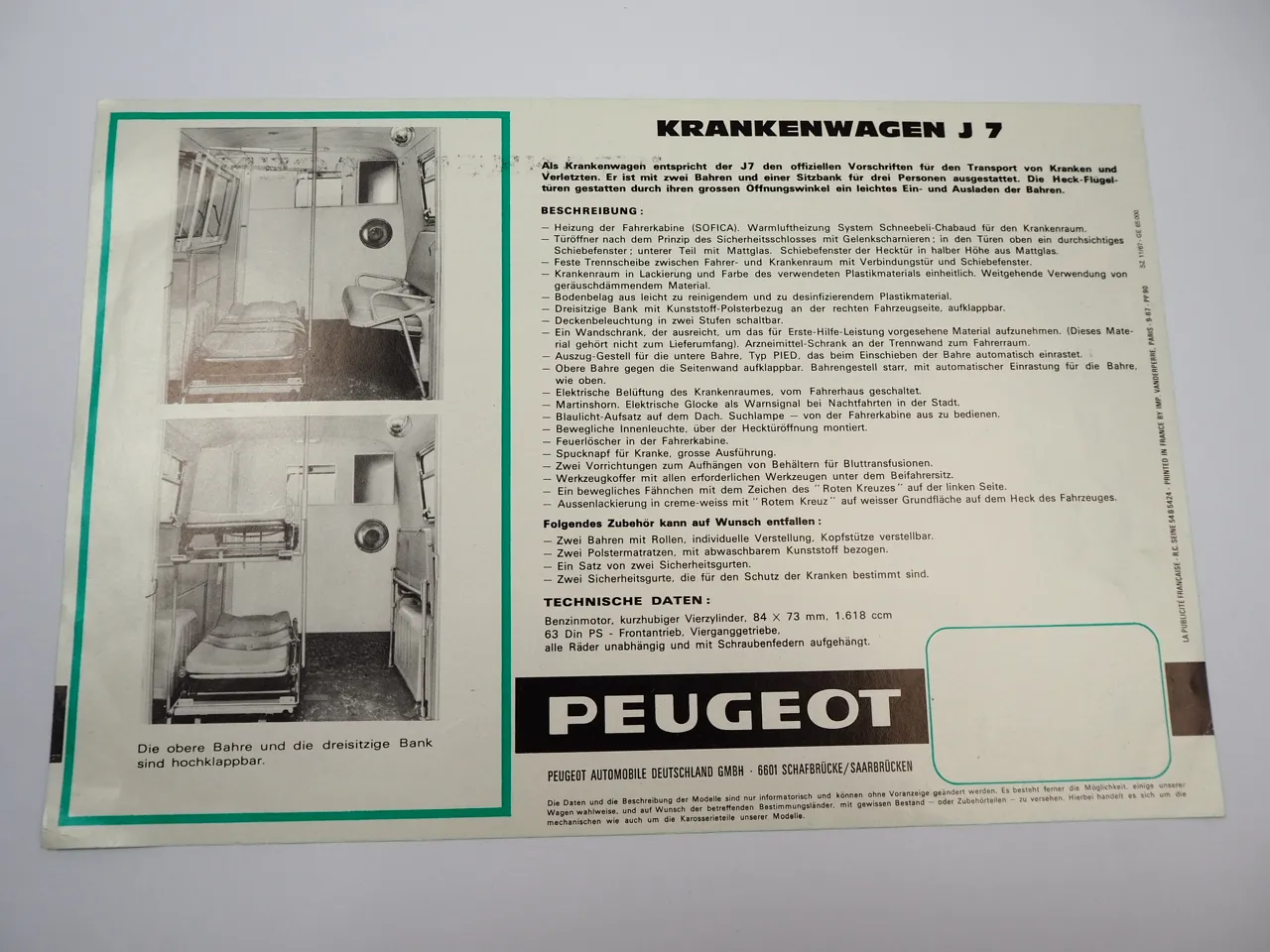 Peugeot J7 Krankenwagen Kleintransporter Prospekt 1967