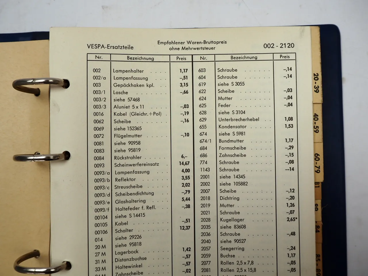 Piaggio Vespa Ersatzteil Preisliste für Ersatzteile und Zubehör 1974