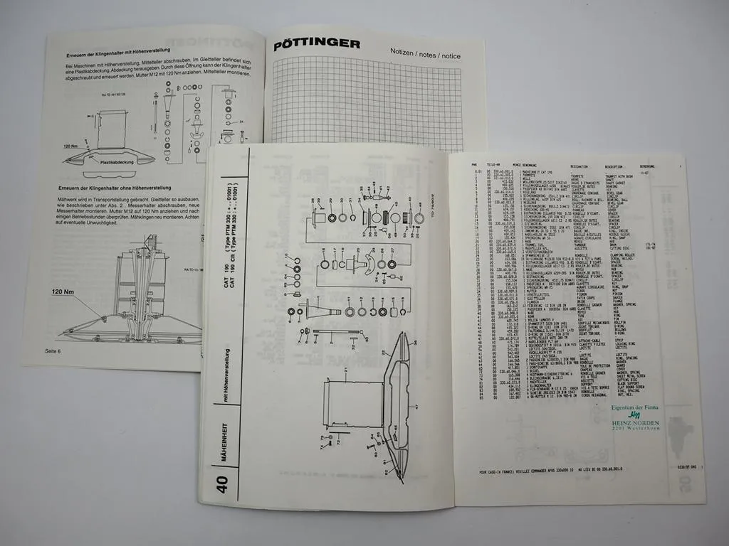 Pöttinger CAT190 Type PTM330 Mäher Ersatzteilliste Reparaturanleitung ca. 1990