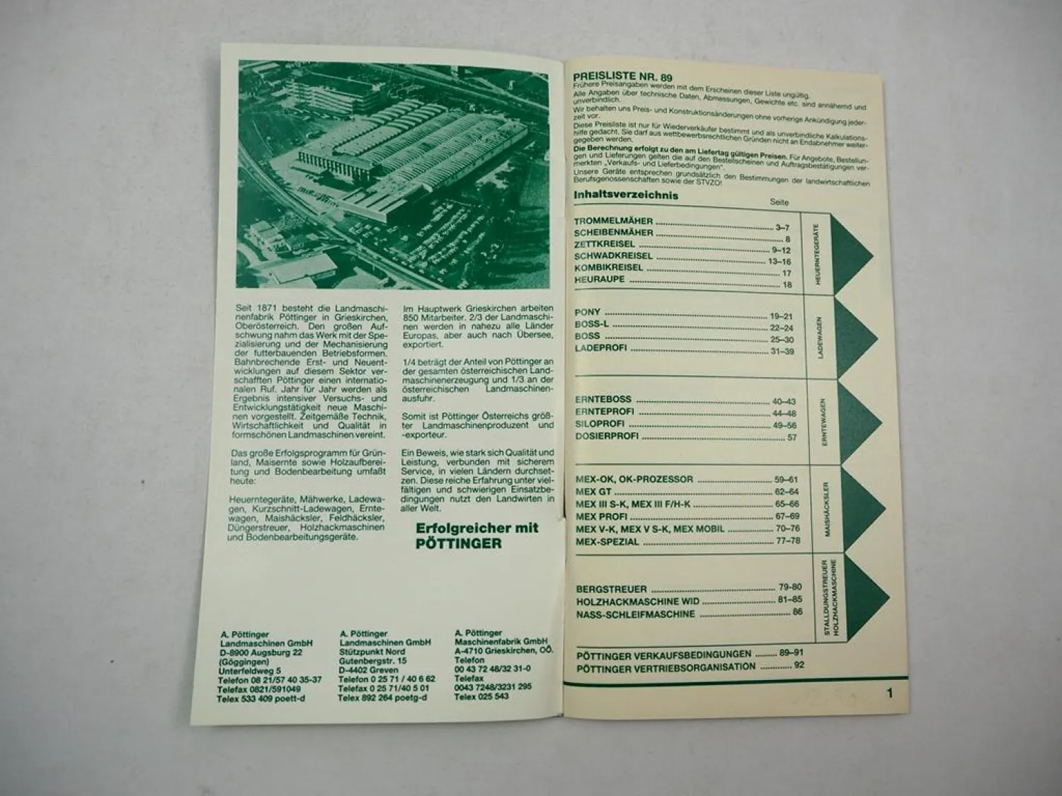 Pöttinger Mähwerke Ladewagen Erntewagen Maishäcksler Streuwagen Preisliste 1989