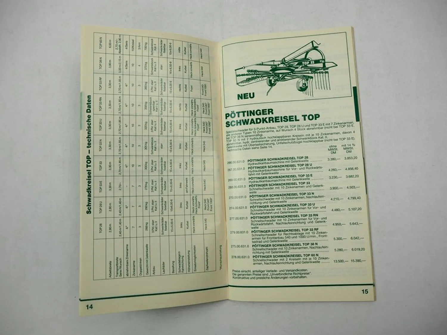 Pöttinger Mähwerke Ladewagen Erntewagen Maishäcksler Streuwagen Preisliste 1989