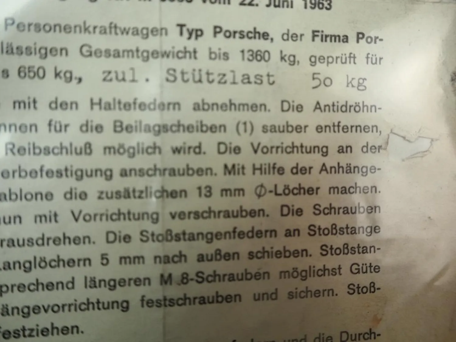 Porsche 356 Einbauanweisung Bauartengenehmigung Oris Anhängevorrichtung E19 1963