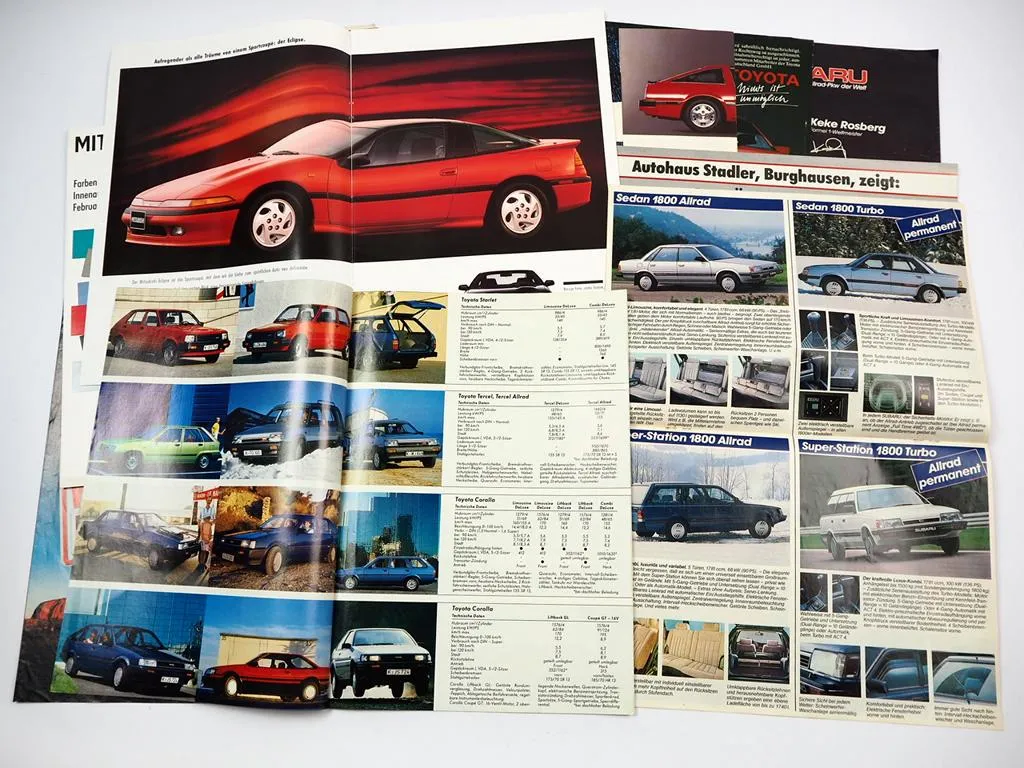 Posten 16x Prospekt PKW Toyota Subaru Mitsubishi Mazda Nissan 1980/90er Jahre