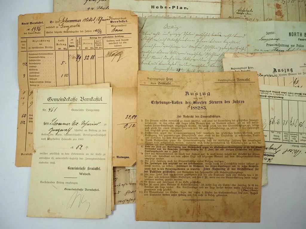 Posten Belege Quittungen Bernkastel Gonzerath Rheinland Pfalz ca. 1830 bis 1900