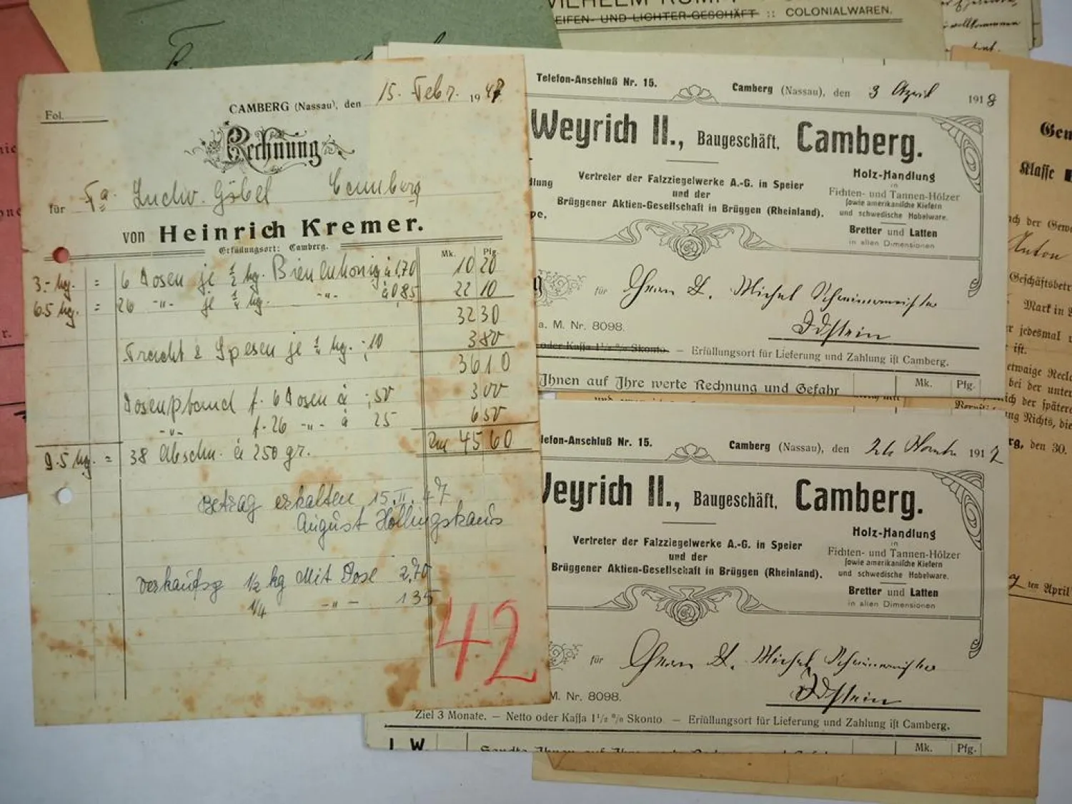 Posten Belege Rechnungen Camberg Limburg Hessen ca. 1870 bis 1945